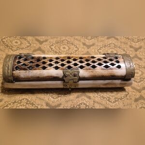 Carved Bone Incense Holder with Brass Hinges - Cream and Brown